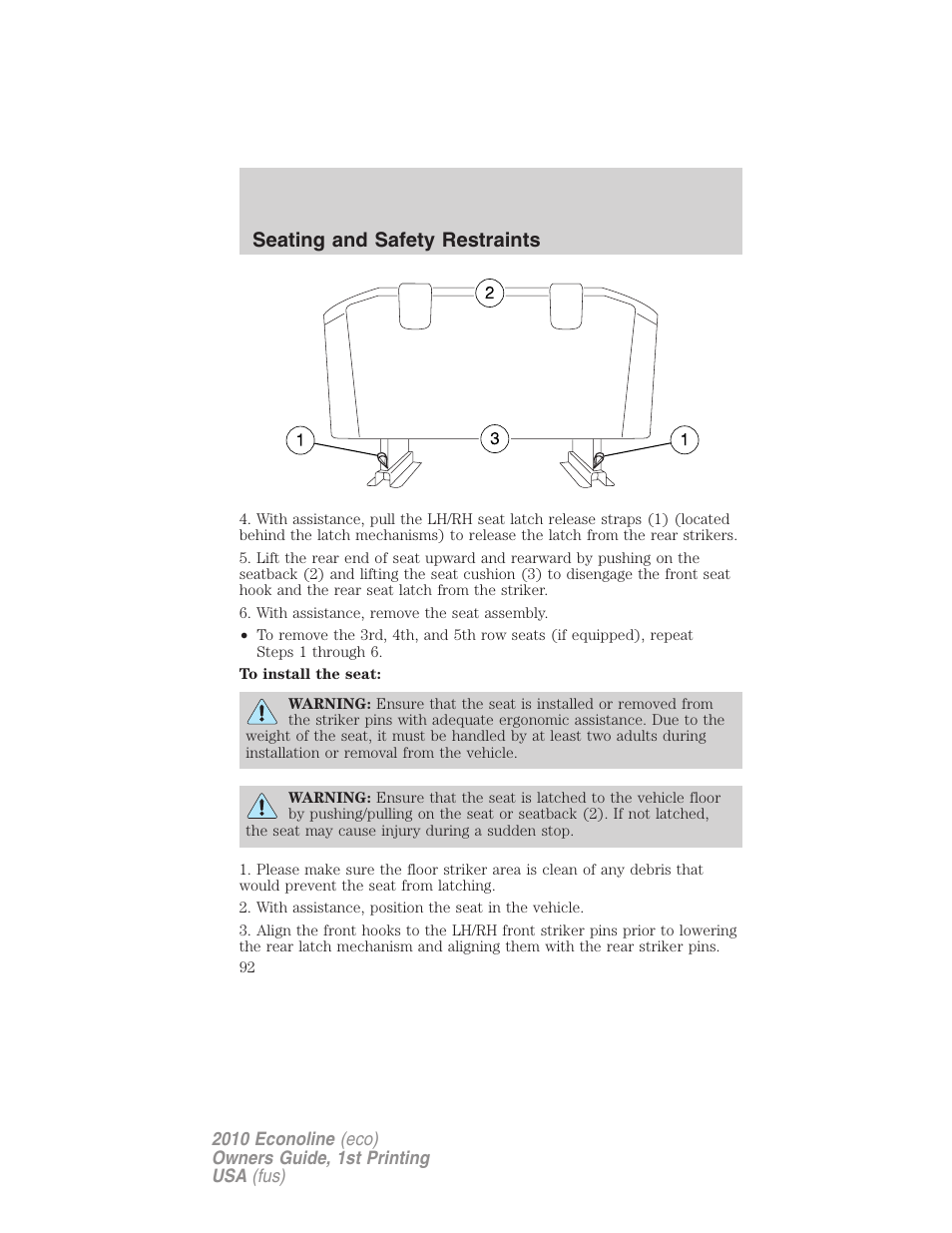 Seating and safety restraints | FORD 2010 E-450 v.1 User Manual | Page 92 / 324