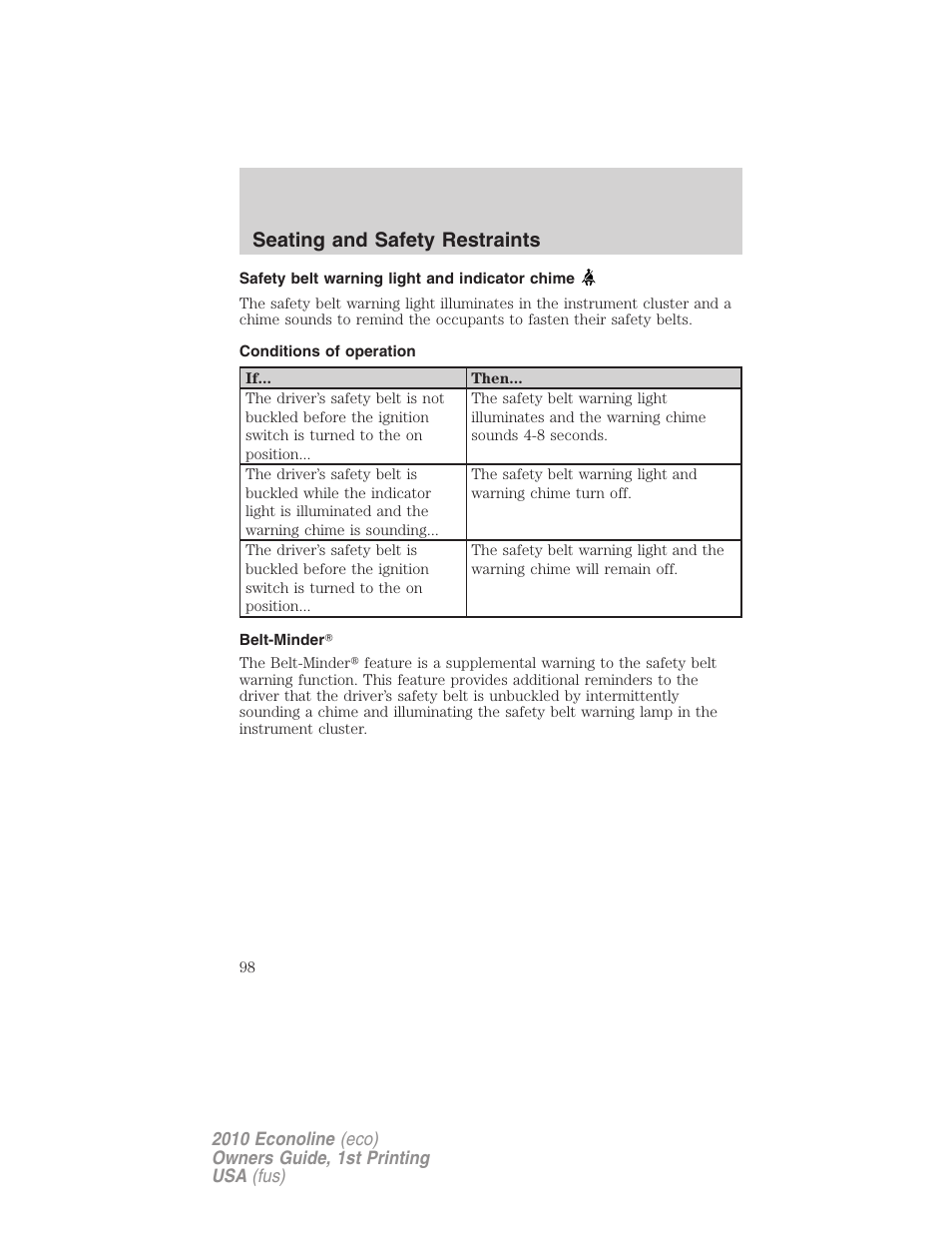 Safety belt warning light and indicator chime, Conditions of operation, Belt-minder | Seating and safety restraints | FORD 2010 E-450 v.1 User Manual | Page 98 / 324