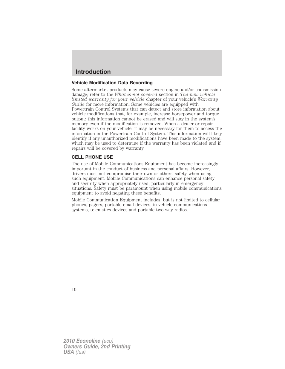 Vehicle modification data recording, Cell phone use, Introduction | FORD 2010 E-450 v.2 User Manual | Page 10 / 327