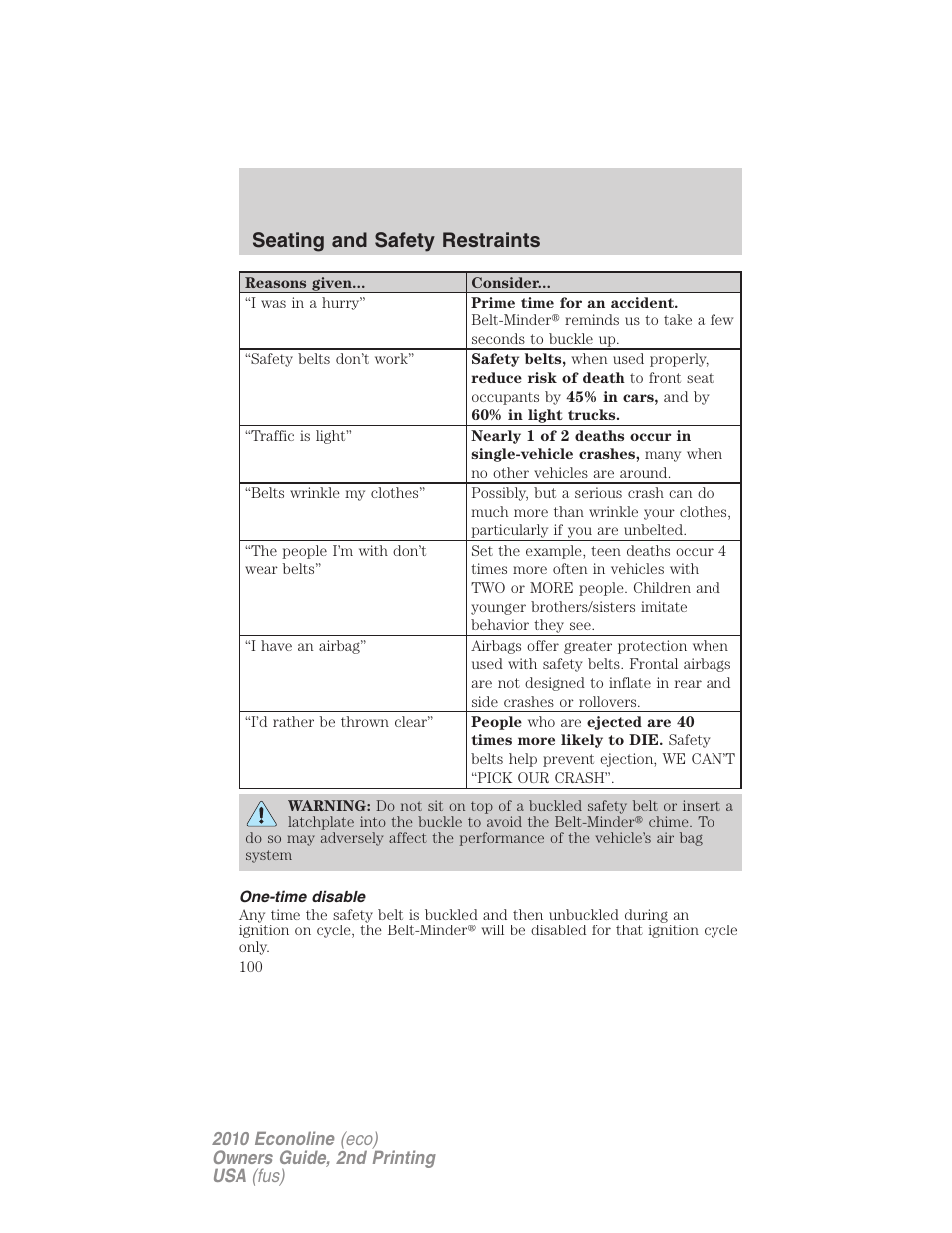 One-time disable, Seating and safety restraints | FORD 2010 E-450 v.2 User Manual | Page 100 / 327