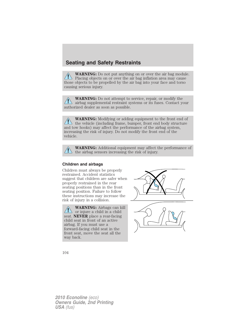 Children and airbags, Seating and safety restraints | FORD 2010 E-450 v.2 User Manual | Page 104 / 327