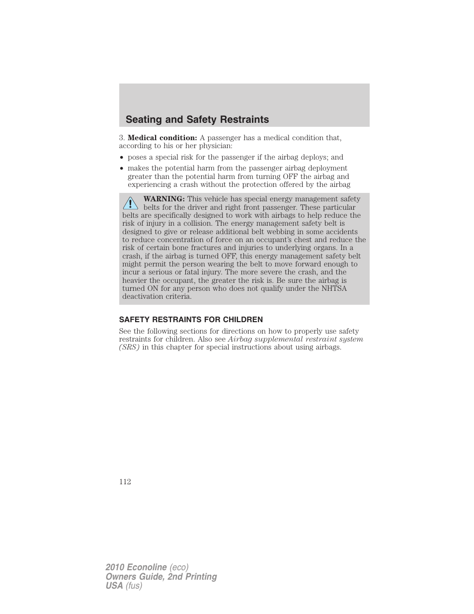 Safety restraints for children, Child restraints, Seating and safety restraints | FORD 2010 E-450 v.2 User Manual | Page 112 / 327