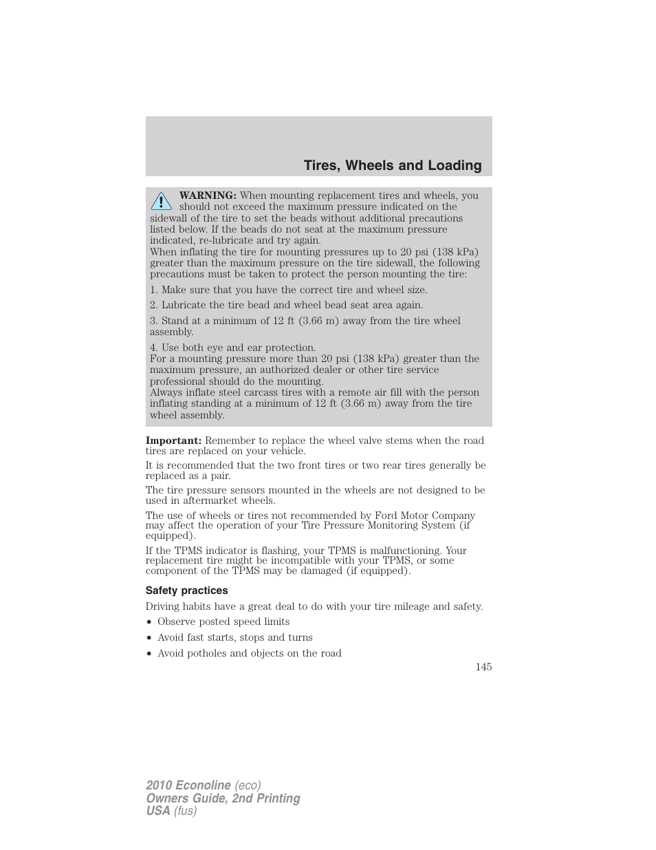 Safety practices, Tires, wheels and loading | FORD 2010 E-450 v.2 User Manual | Page 145 / 327