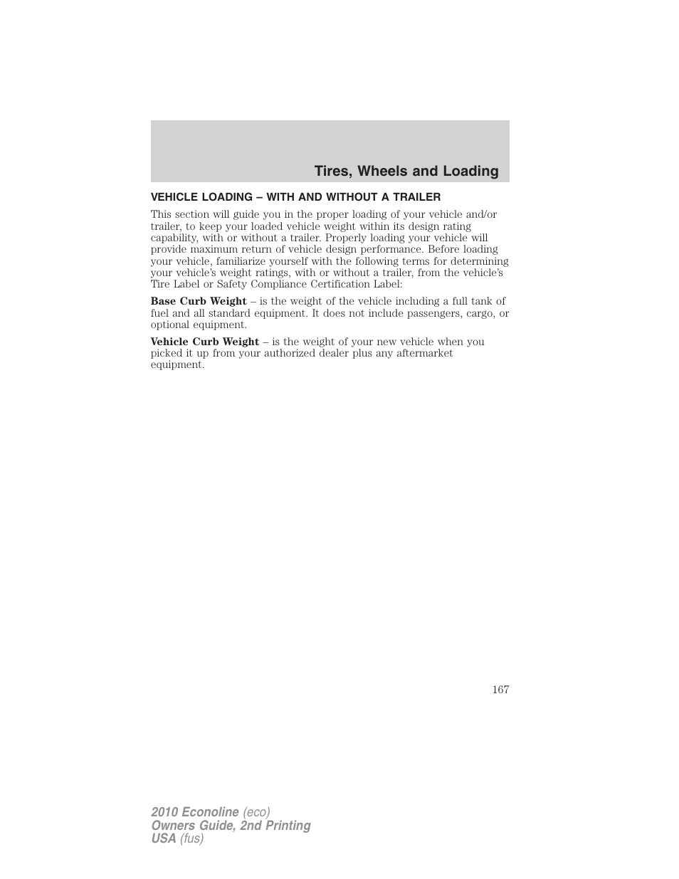 Vehicle loading – with and without a trailer, Vehicle loading, Tires, wheels and loading | FORD 2010 E-450 v.2 User Manual | Page 167 / 327