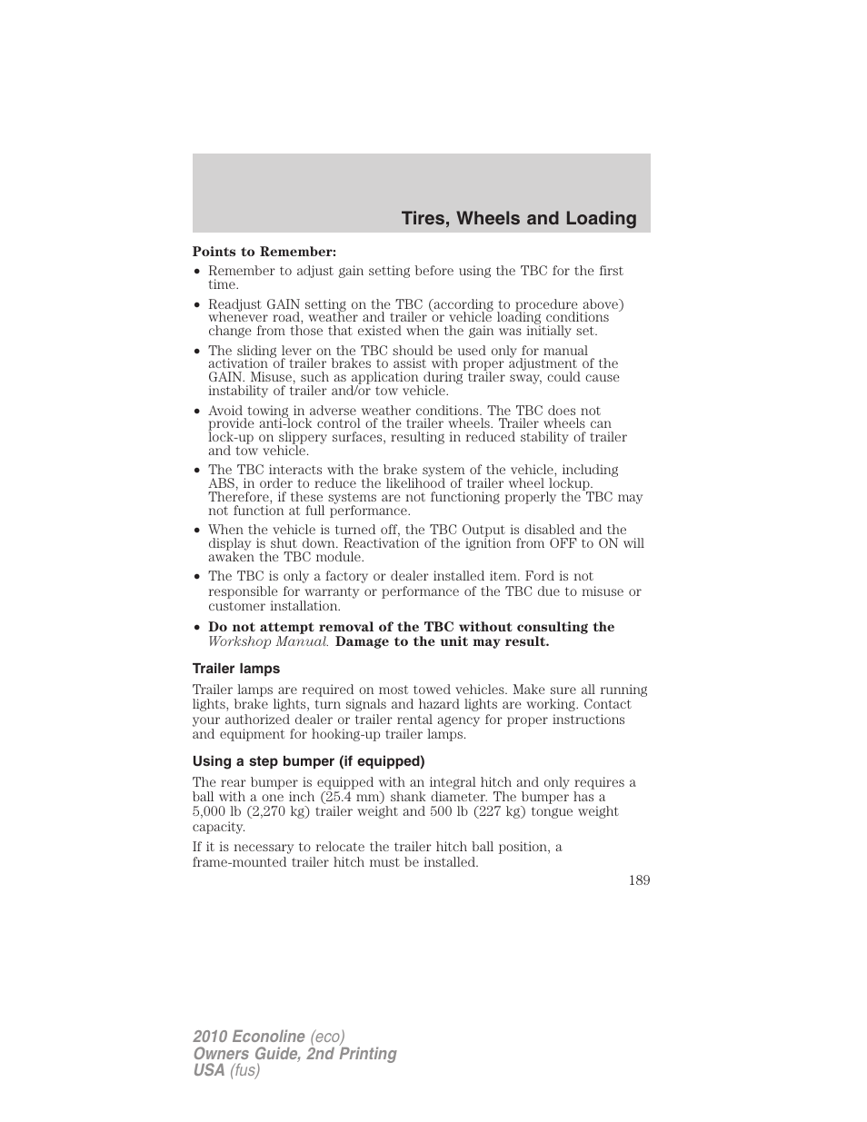 Trailer lamps, Using a step bumper (if equipped), Tires, wheels and loading | FORD 2010 E-450 v.2 User Manual | Page 189 / 327