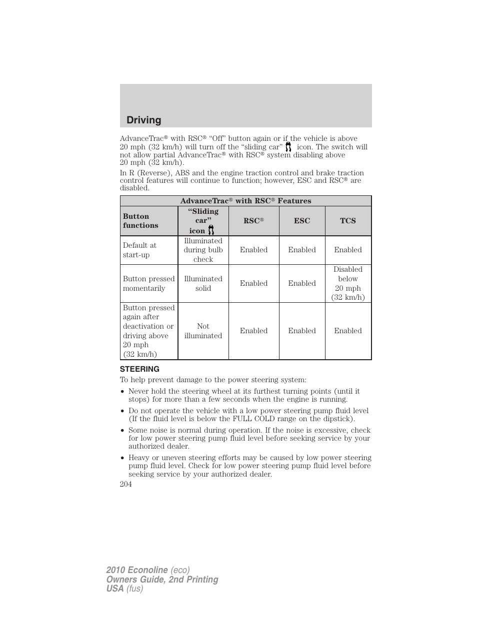 Steering, Driving | FORD 2010 E-450 v.2 User Manual | Page 204 / 327