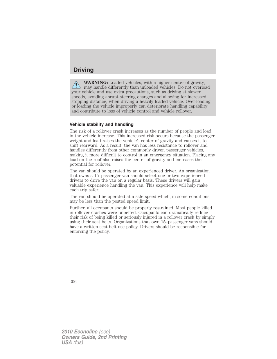 Vehicle stability and handling, Driving | FORD 2010 E-450 v.2 User Manual | Page 206 / 327