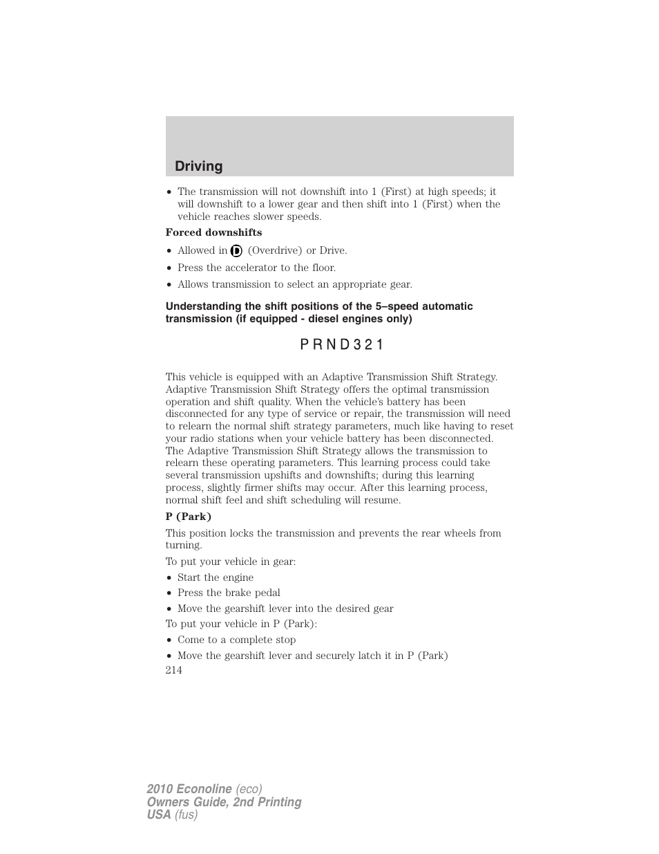 Driving | FORD 2010 E-450 v.2 User Manual | Page 214 / 327