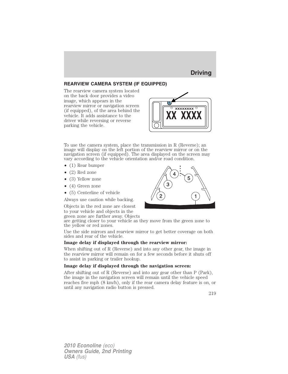 Rearview camera system (if equipped), Rear-view camera system, Driving | FORD 2010 E-450 v.2 User Manual | Page 219 / 327