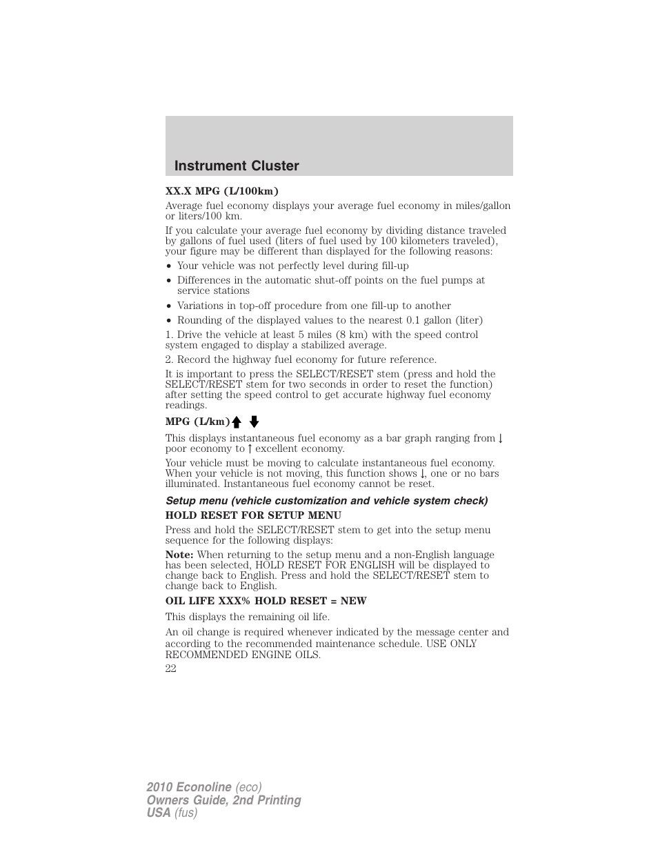 Instrument cluster | FORD 2010 E-450 v.2 User Manual | Page 22 / 327