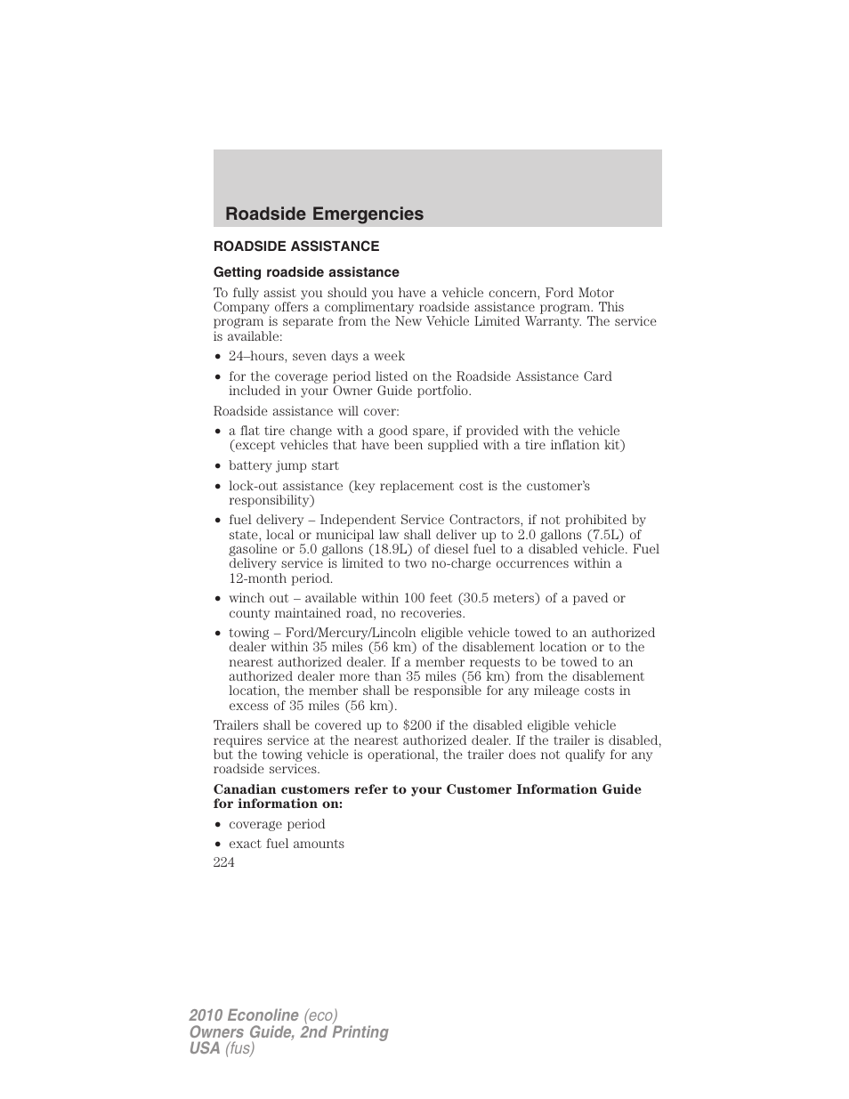 Roadside emergencies, Roadside assistance, Getting roadside assistance | FORD 2010 E-450 v.2 User Manual | Page 224 / 327