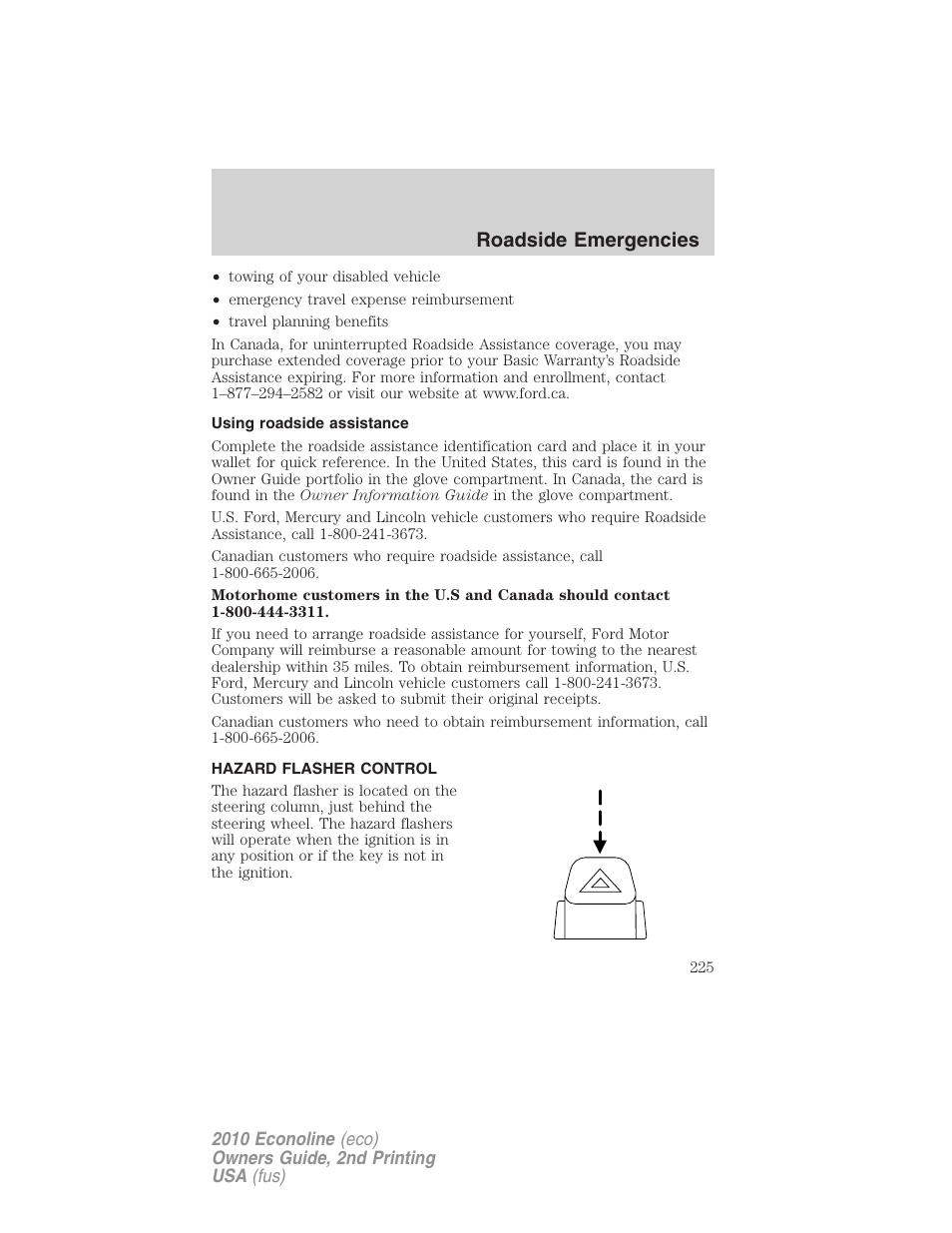 Using roadside assistance, Hazard flasher control, Roadside emergencies | FORD 2010 E-450 v.2 User Manual | Page 225 / 327