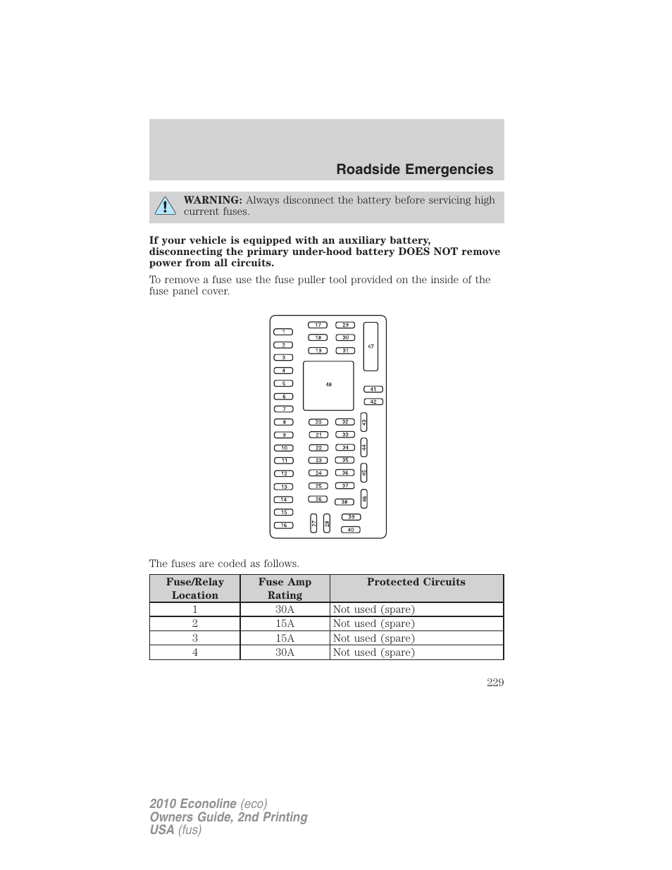 Roadside emergencies | FORD 2010 E-450 v.2 User Manual | Page 229 / 327