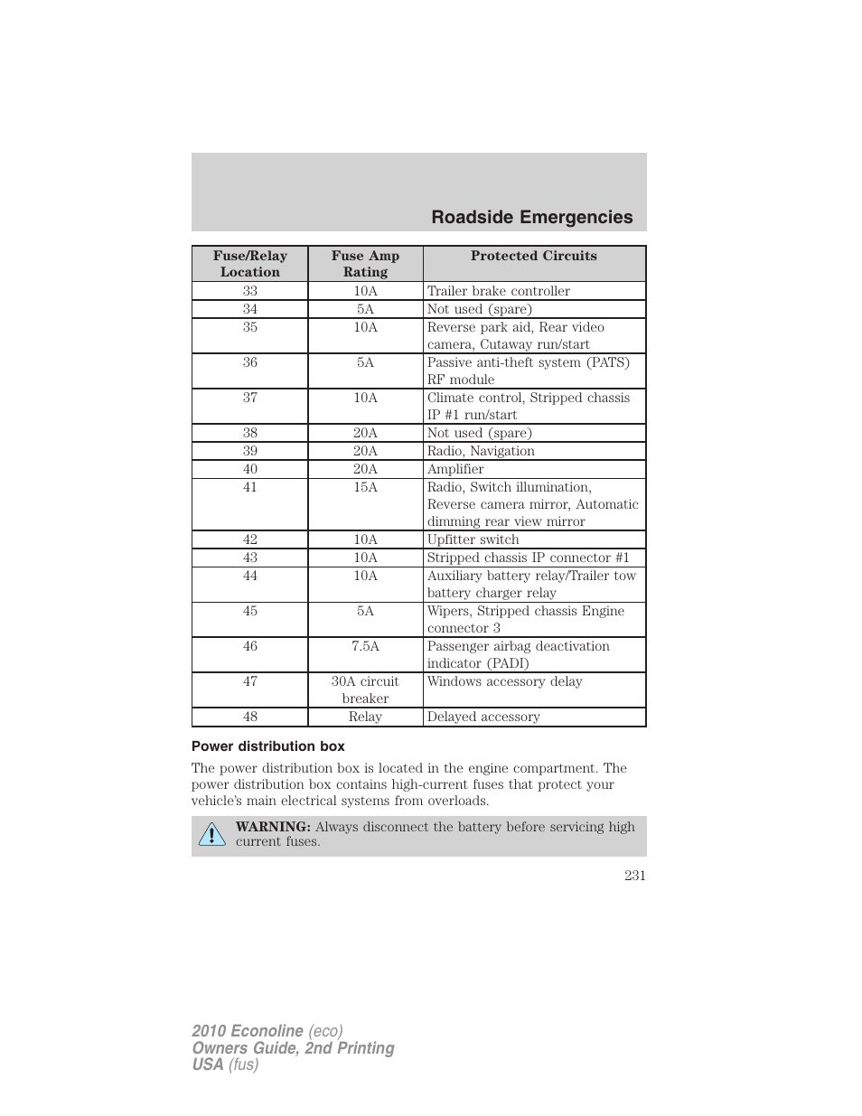 Power distribution box, Roadside emergencies | FORD 2010 E-450 v.2 User Manual | Page 231 / 327