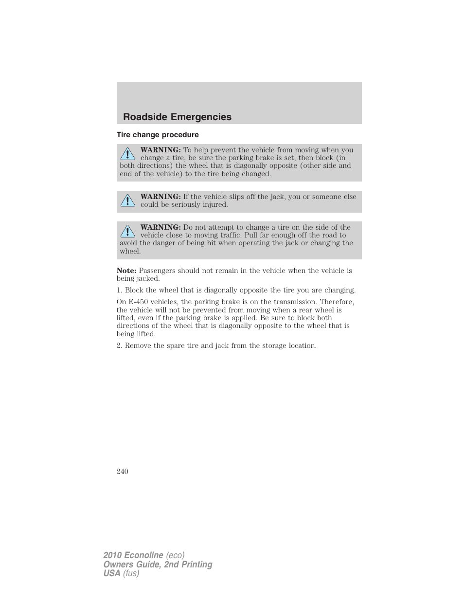 Tire change procedure, Roadside emergencies | FORD 2010 E-450 v.2 User Manual | Page 240 / 327