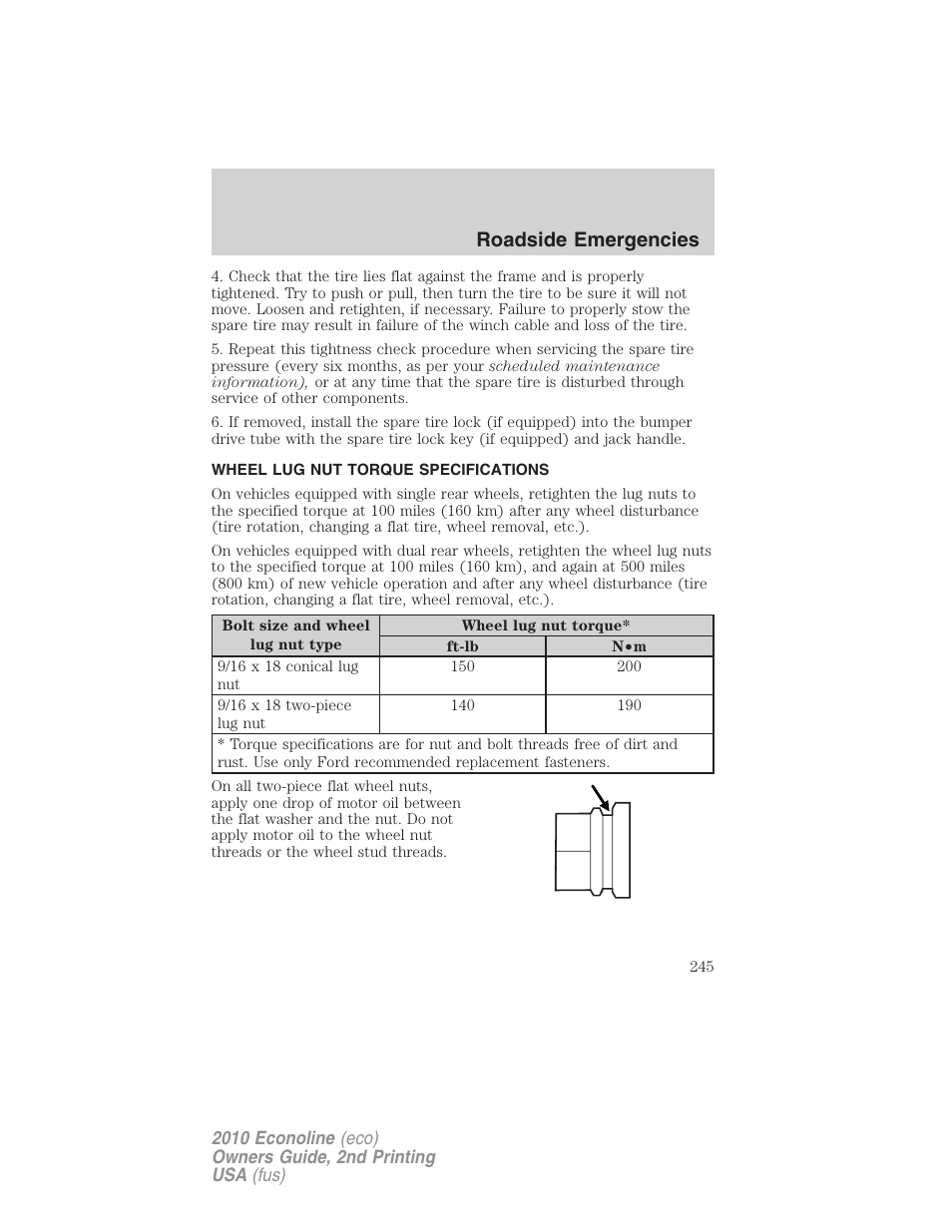 Wheel lug nut torque specifications, Wheel lug nut torque, Roadside emergencies | FORD 2010 E-450 v.2 User Manual | Page 245 / 327