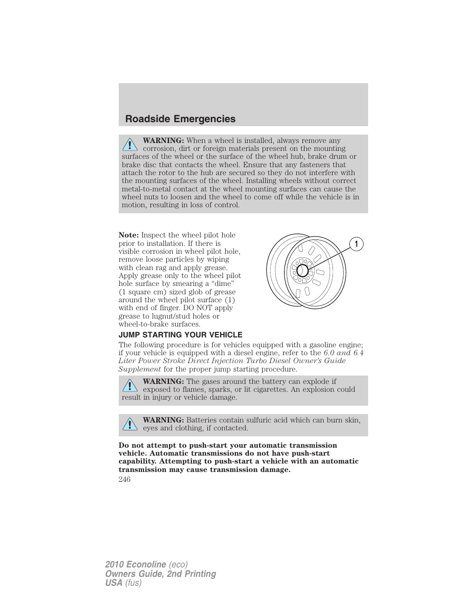 Jump starting your vehicle, Jump starting, Roadside emergencies | FORD 2010 E-450 v.2 User Manual | Page 246 / 327