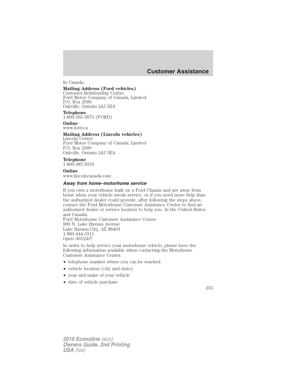 Away from home–motorhome service, Customer assistance | FORD 2010 E-450 v.2 User Manual | Page 255 / 327