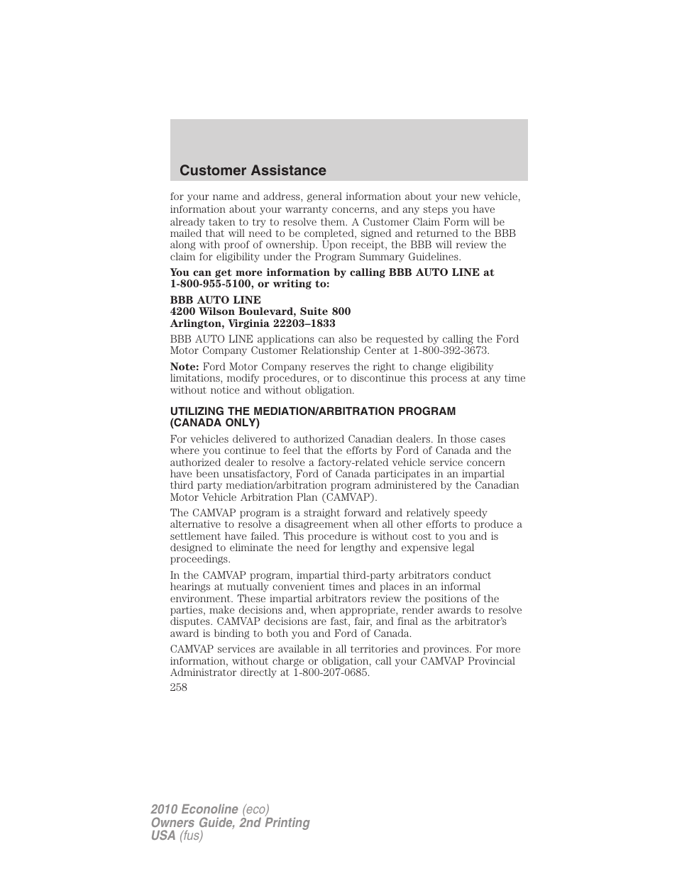 Customer assistance | FORD 2010 E-450 v.2 User Manual | Page 258 / 327