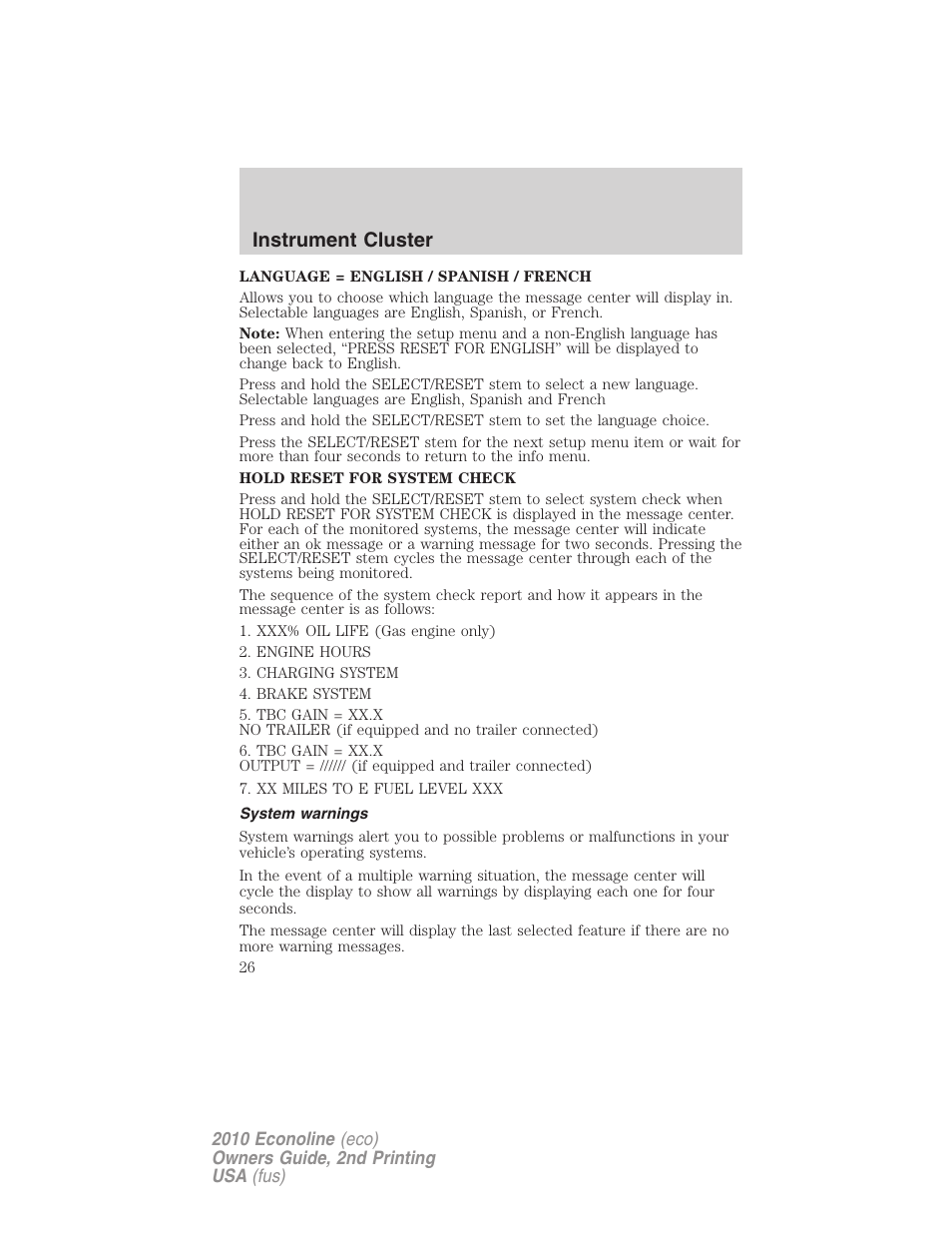 System warnings, Instrument cluster | FORD 2010 E-450 v.2 User Manual | Page 26 / 327