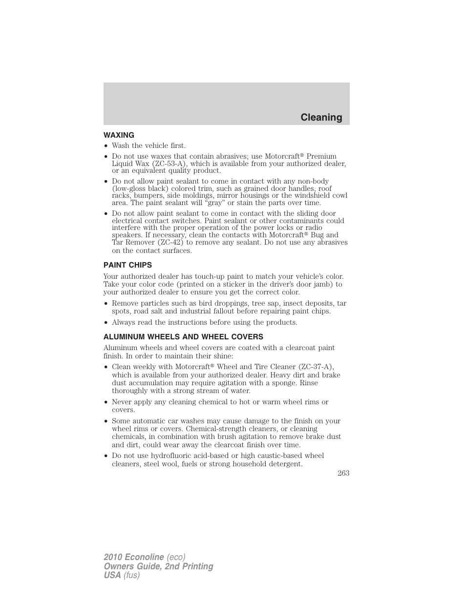 Waxing, Paint chips, Aluminum wheels and wheel covers | Cleaning | FORD 2010 E-450 v.2 User Manual | Page 263 / 327