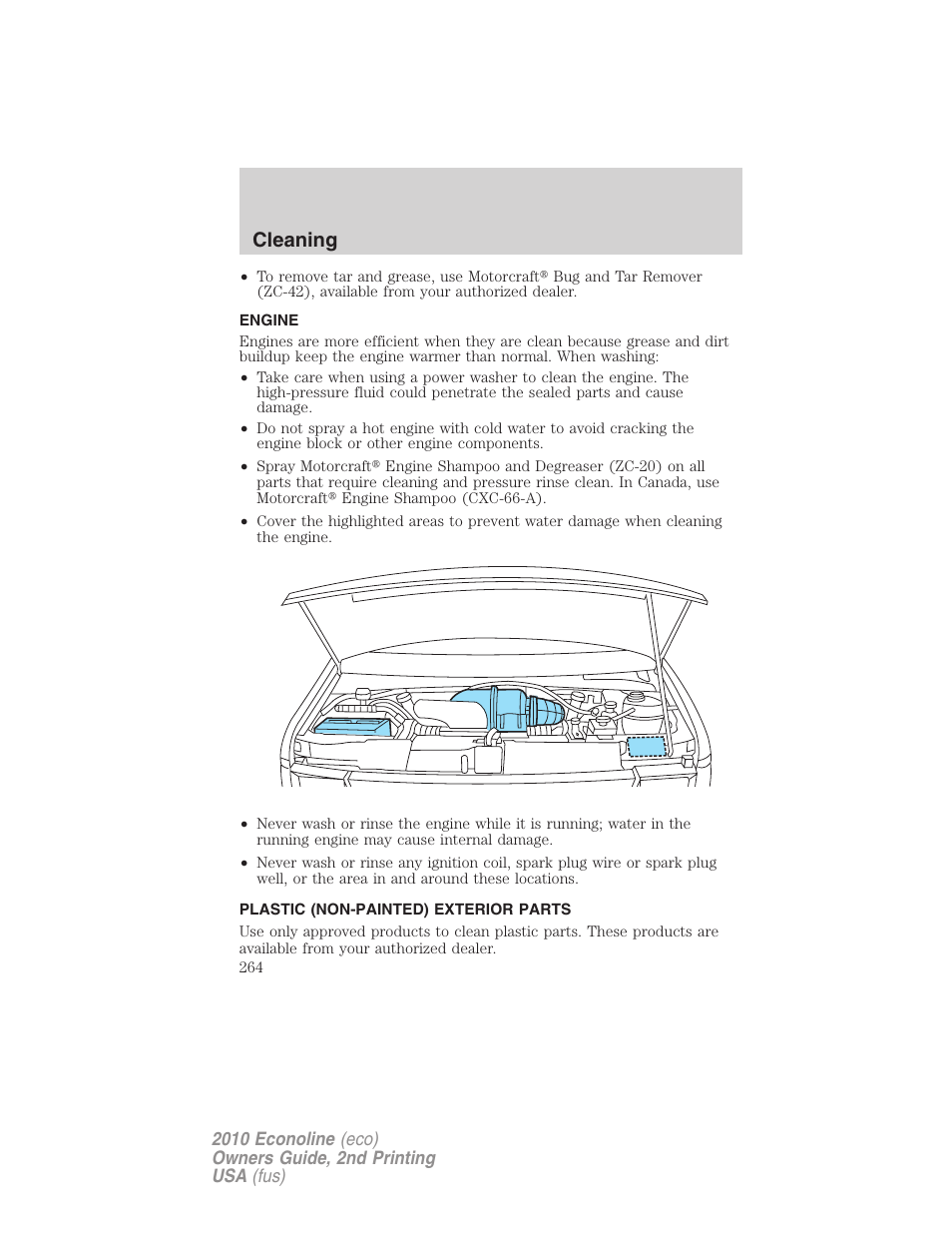 Engine, Plastic (non-painted) exterior parts, Cleaning | FORD 2010 E-450 v.2 User Manual | Page 264 / 327