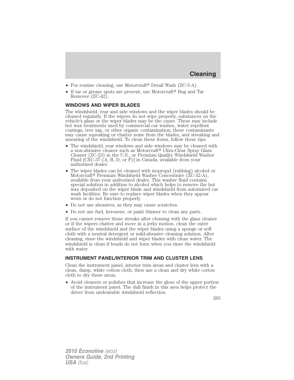 Windows and wiper blades, Instrument panel/interior trim and cluster lens, Cleaning | FORD 2010 E-450 v.2 User Manual | Page 265 / 327