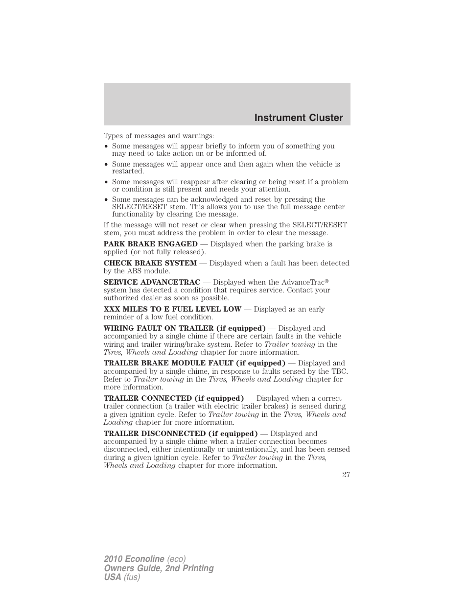 Instrument cluster | FORD 2010 E-450 v.2 User Manual | Page 27 / 327