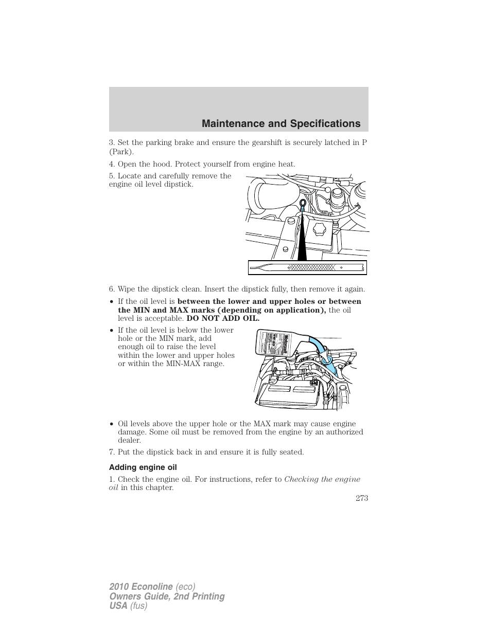 Adding engine oil, Maintenance and specifications | FORD 2010 E-450 v.2 User Manual | Page 273 / 327