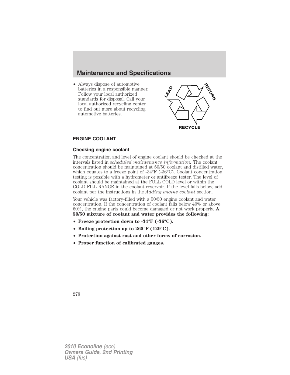 Engine coolant, Checking engine coolant, Maintenance and specifications | FORD 2010 E-450 v.2 User Manual | Page 278 / 327