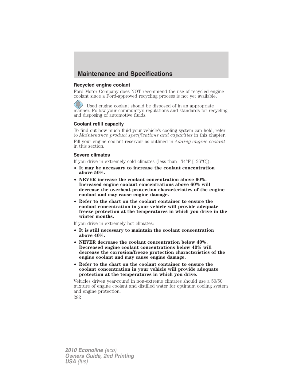 Recycled engine coolant, Coolant refill capacity, Severe climates | Maintenance and specifications | FORD 2010 E-450 v.2 User Manual | Page 282 / 327