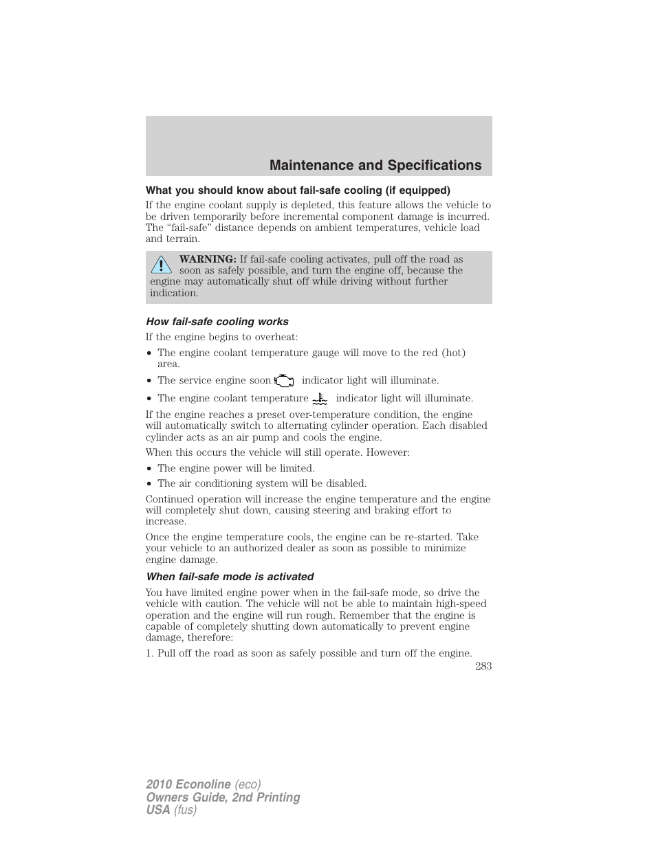How fail-safe cooling works, When fail-safe mode is activated, Maintenance and specifications | FORD 2010 E-450 v.2 User Manual | Page 283 / 327