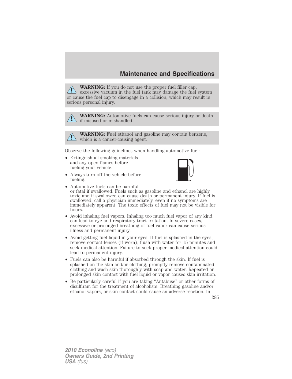 Maintenance and specifications | FORD 2010 E-450 v.2 User Manual | Page 285 / 327