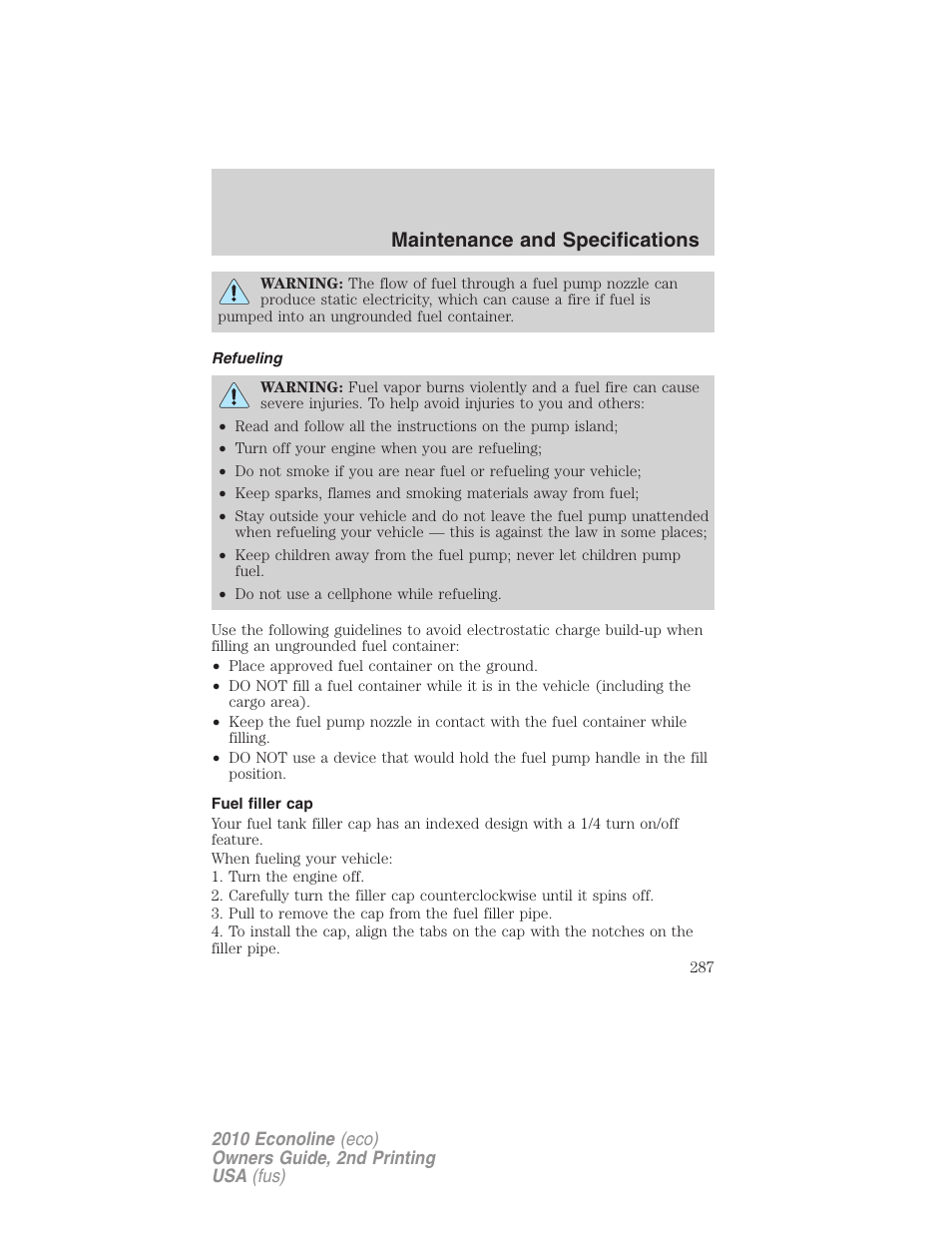 Refueling, Fuel filler cap, Maintenance and specifications | FORD 2010 E-450 v.2 User Manual | Page 287 / 327