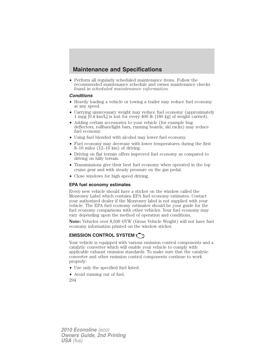 Conditions, Epa fuel economy estimates, Emission control system | Maintenance and specifications | FORD 2010 E-450 v.2 User Manual | Page 294 / 327