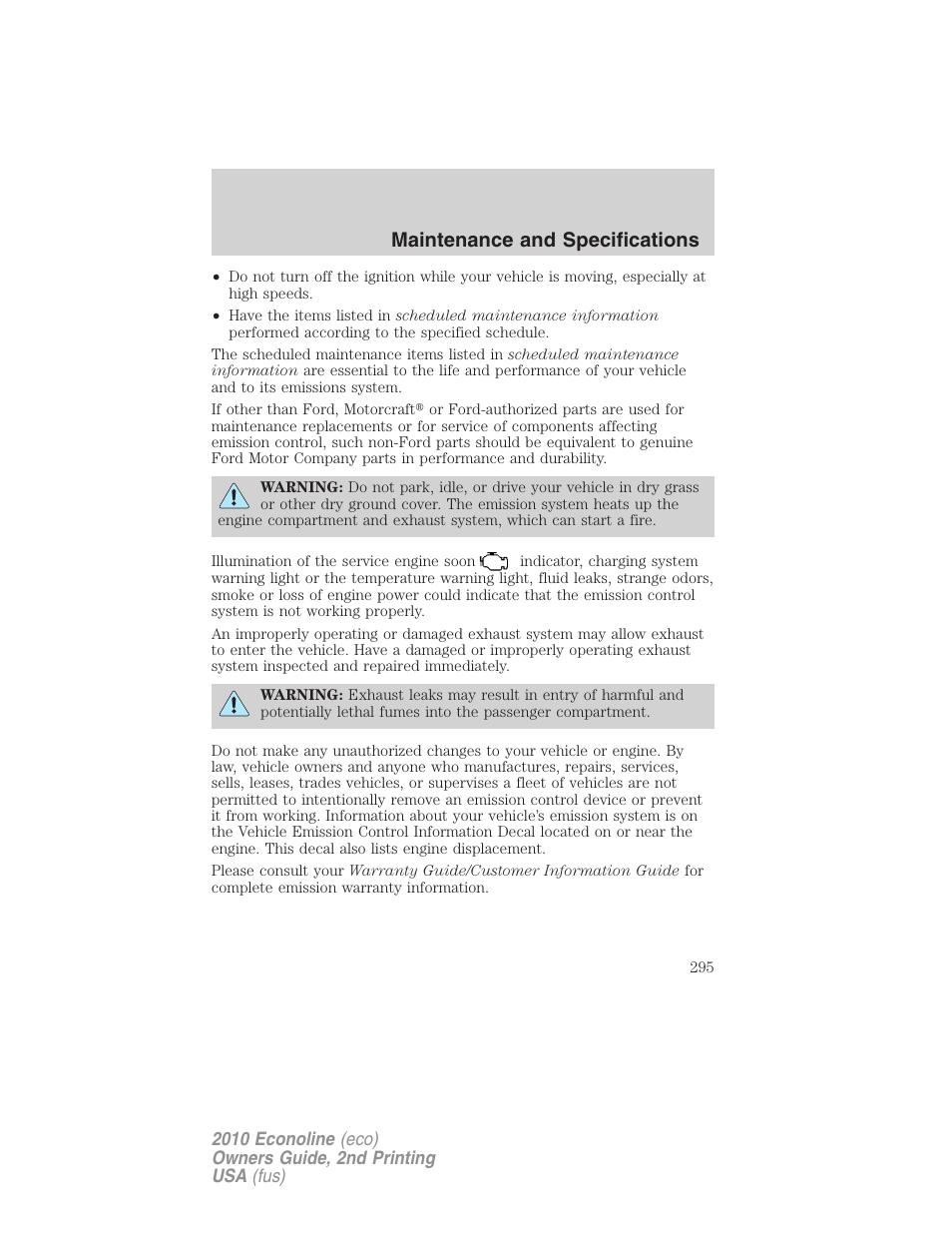 Maintenance and specifications | FORD 2010 E-450 v.2 User Manual | Page 295 / 327