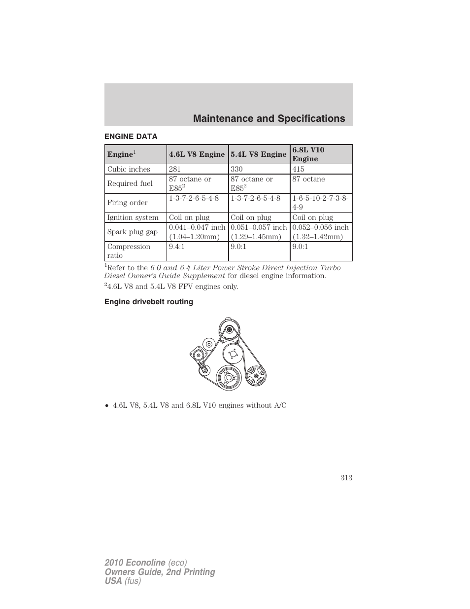 Engine data, Engine drivebelt routing, Maintenance and specifications | FORD 2010 E-450 v.2 User Manual | Page 313 / 327