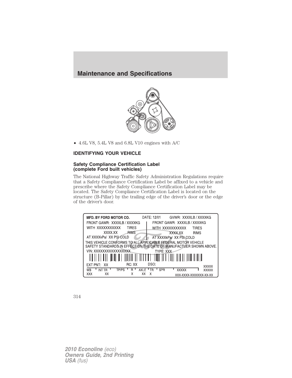 Identifying your vehicle, Maintenance and specifications | FORD 2010 E-450 v.2 User Manual | Page 314 / 327