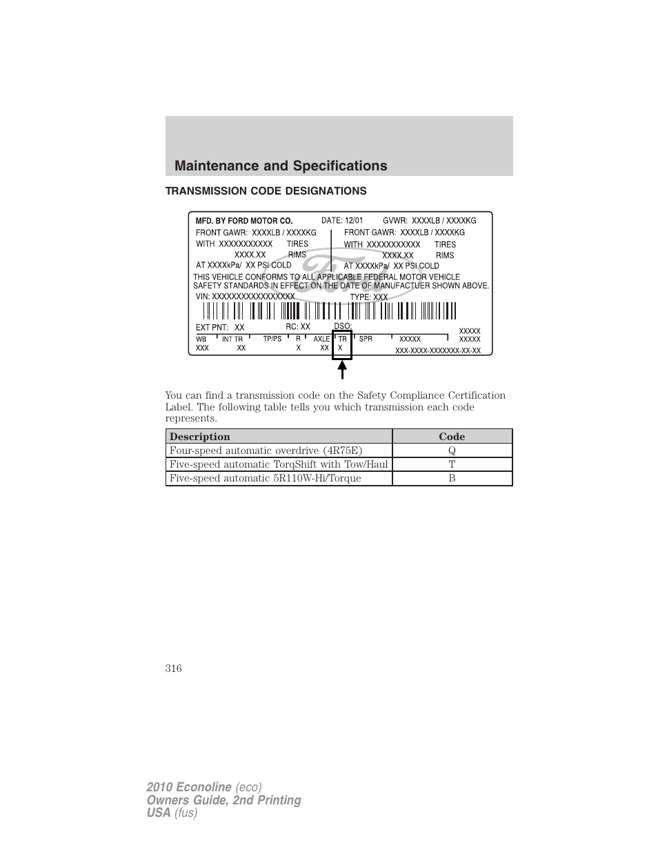 Transmission code designations, Maintenance and specifications | FORD 2010 E-450 v.2 User Manual | Page 316 / 327