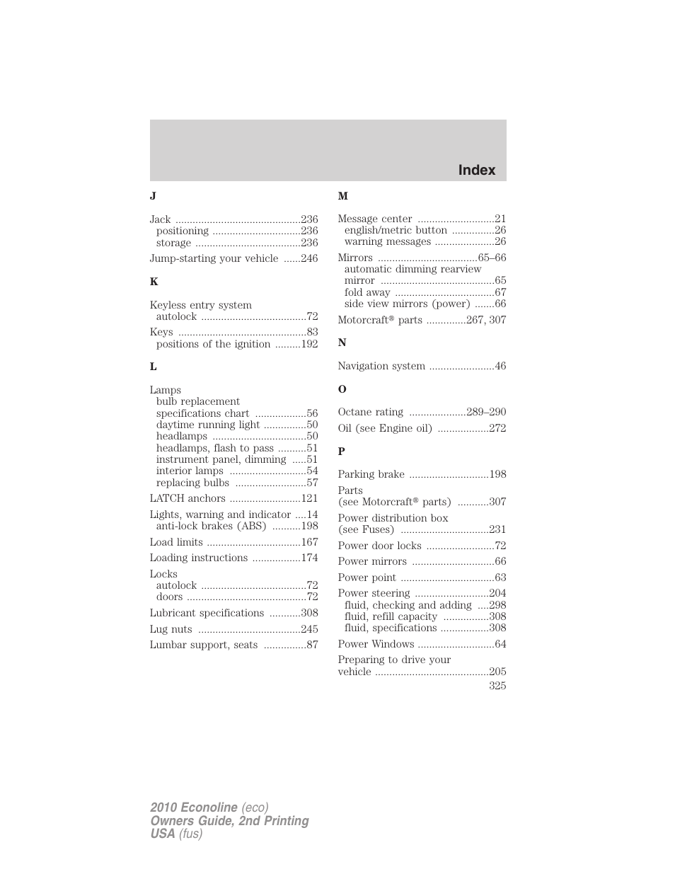Index | FORD 2010 E-450 v.2 User Manual | Page 325 / 327