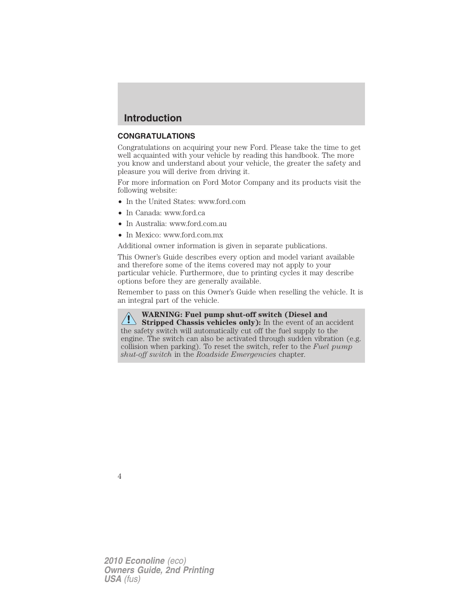 Introduction, Congratulations | FORD 2010 E-450 v.2 User Manual | Page 4 / 327