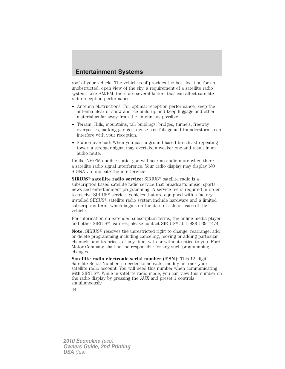 Entertainment systems | FORD 2010 E-450 v.2 User Manual | Page 44 / 327