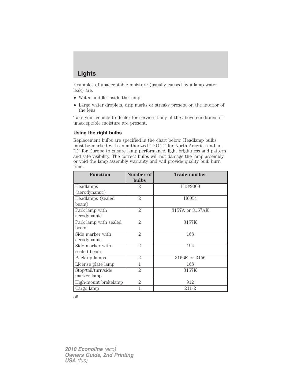 Using the right bulbs, Lights | FORD 2010 E-450 v.2 User Manual | Page 56 / 327