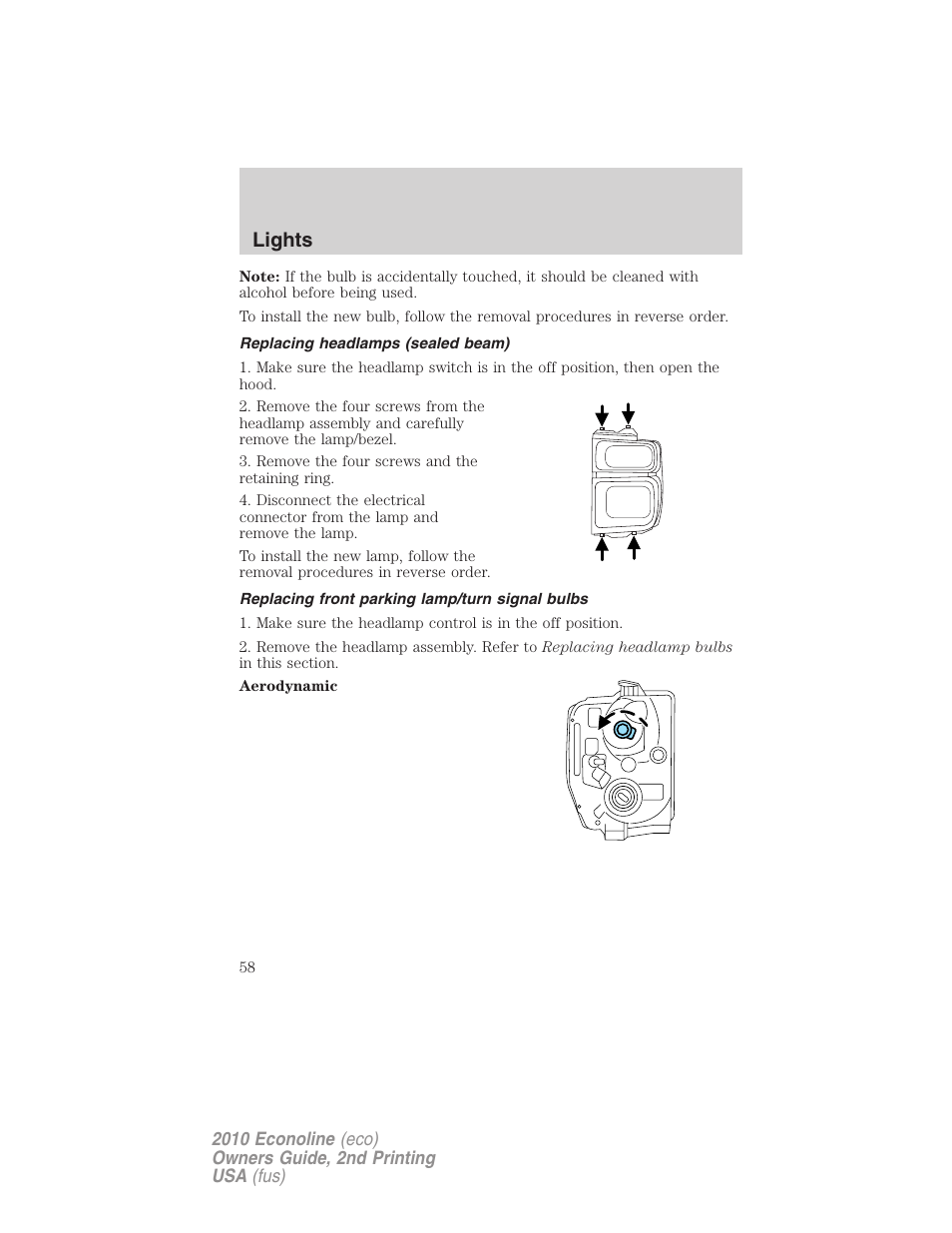 Replacing headlamps (sealed beam), Replacing front parking lamp/turn signal bulbs, Lights | FORD 2010 E-450 v.2 User Manual | Page 58 / 327