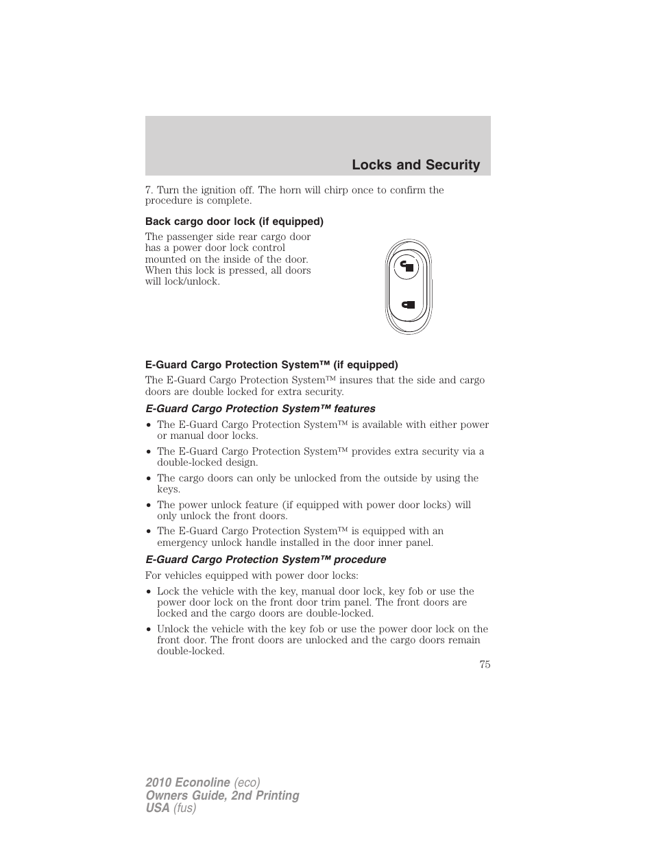 Back cargo door lock (if equipped), E-guard cargo protection system™ (if equipped), E-guard cargo protection system™ features | E-guard cargo protection system™ procedure, Locks and security | FORD 2010 E-450 v.2 User Manual | Page 75 / 327