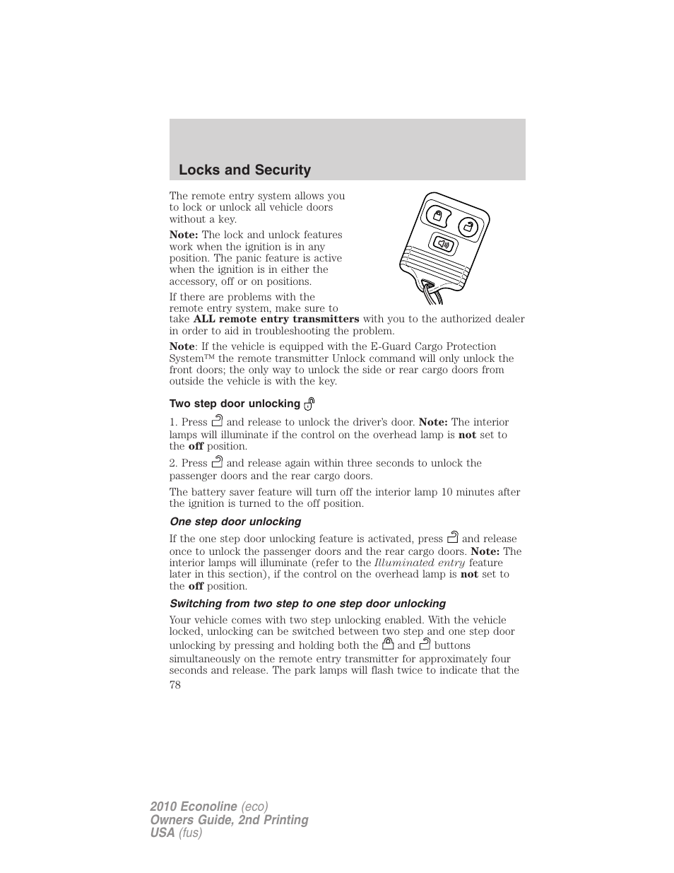 Two step door unlocking, One step door unlocking, Switching from two step to one step door unlocking | Locks and security | FORD 2010 E-450 v.2 User Manual | Page 78 / 327