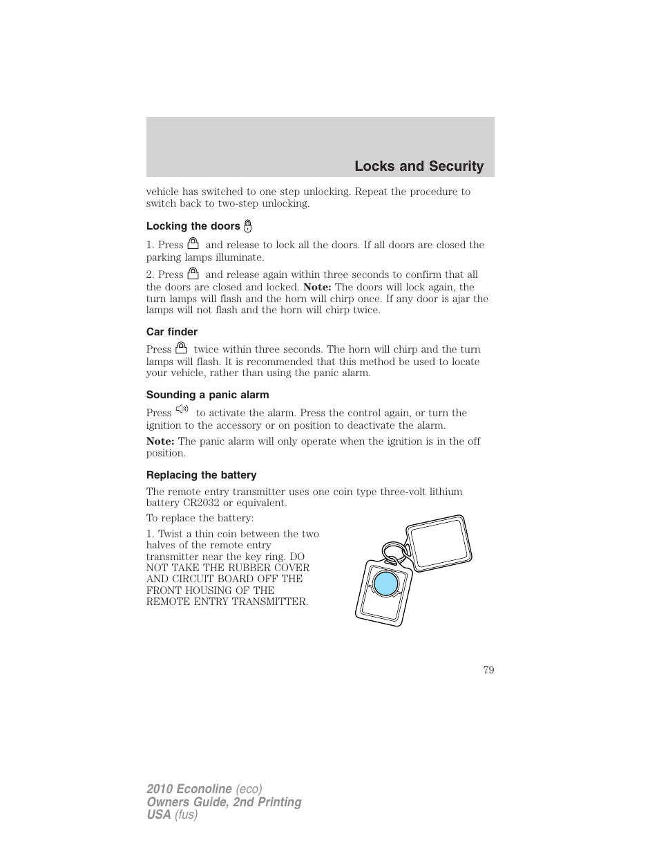 Locking the doors, Car finder, Sounding a panic alarm | Replacing the battery, Locks and security | FORD 2010 E-450 v.2 User Manual | Page 79 / 327