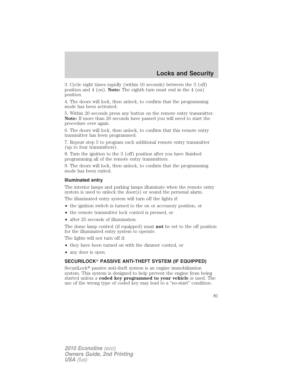 Illuminated entry, Securilock passive anti-theft system (if equipped), Anti-theft system | Locks and security | FORD 2010 E-450 v.2 User Manual | Page 81 / 327