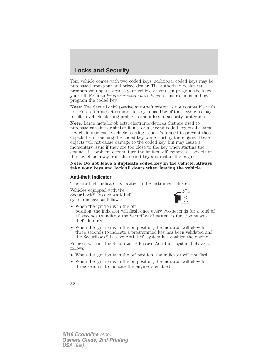 Anti-theft indicator, Locks and security | FORD 2010 E-450 v.2 User Manual | Page 82 / 327