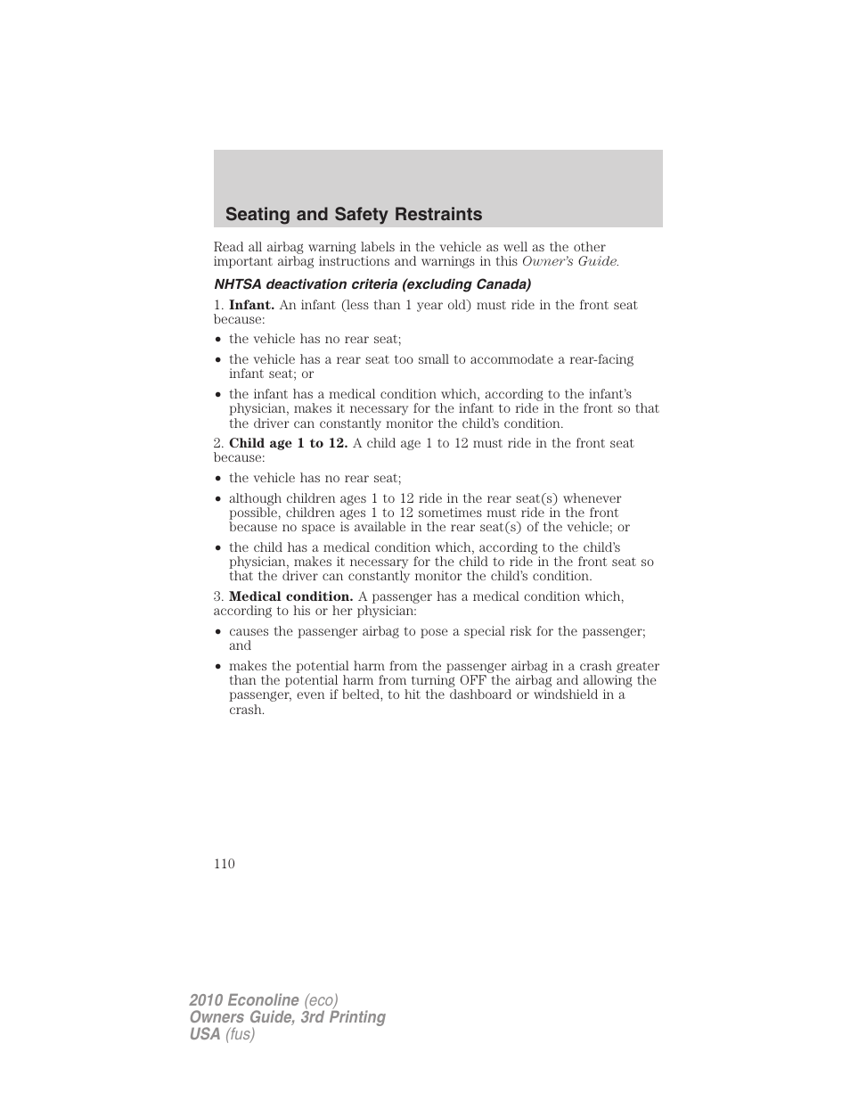 Nhtsa deactivation criteria (excluding canada), Seating and safety restraints | FORD 2010 E-450 v.3 User Manual | Page 110 / 327